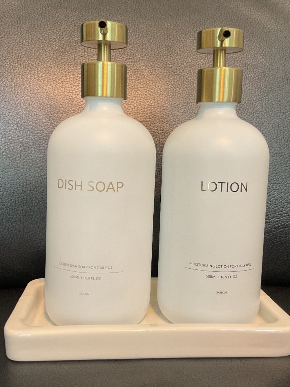 White and gold glass hand dish soap and lotion dispensers with tray 16.9 ounces